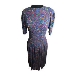 Vintage 80s Hunters Run Paisley Boho Purple Blue Fall A-line Dress Small/Med